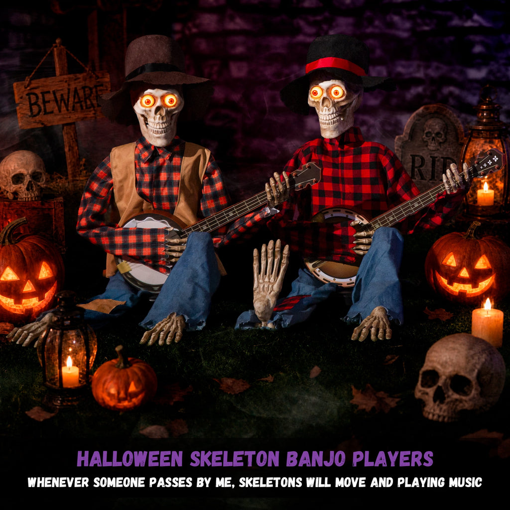 Halloween Animatronics Banjo Skeletons Duo Decorations, Animated Skull with Sound Activated Funny Voice Light Up Eyes, Playing Musical Plug-in Powered Halloween Prop Decor for Indoor Outdoor Yard Law