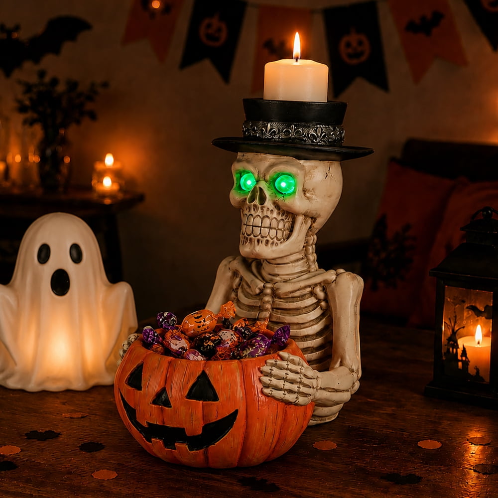 Halloween Skeleton Butler Floor Statue with Serving Tray & Black Cat, Resin Gothic Home Decor for Entryway Porch Living Room