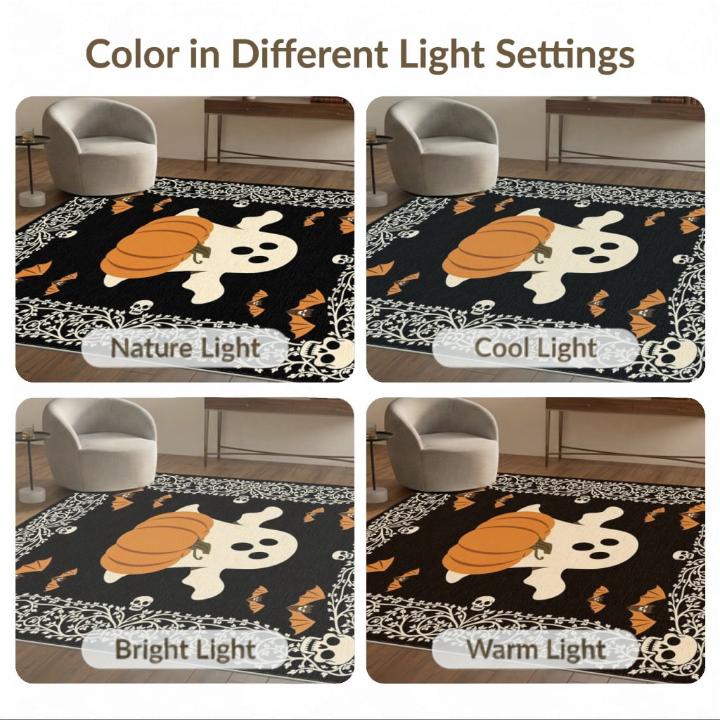 ODIKA Retro Halloween Welcome Featuring Ghosts Pumpkins Bats Skulls Non-Slip Flatwoven for Living Room, Under Sectional, Family