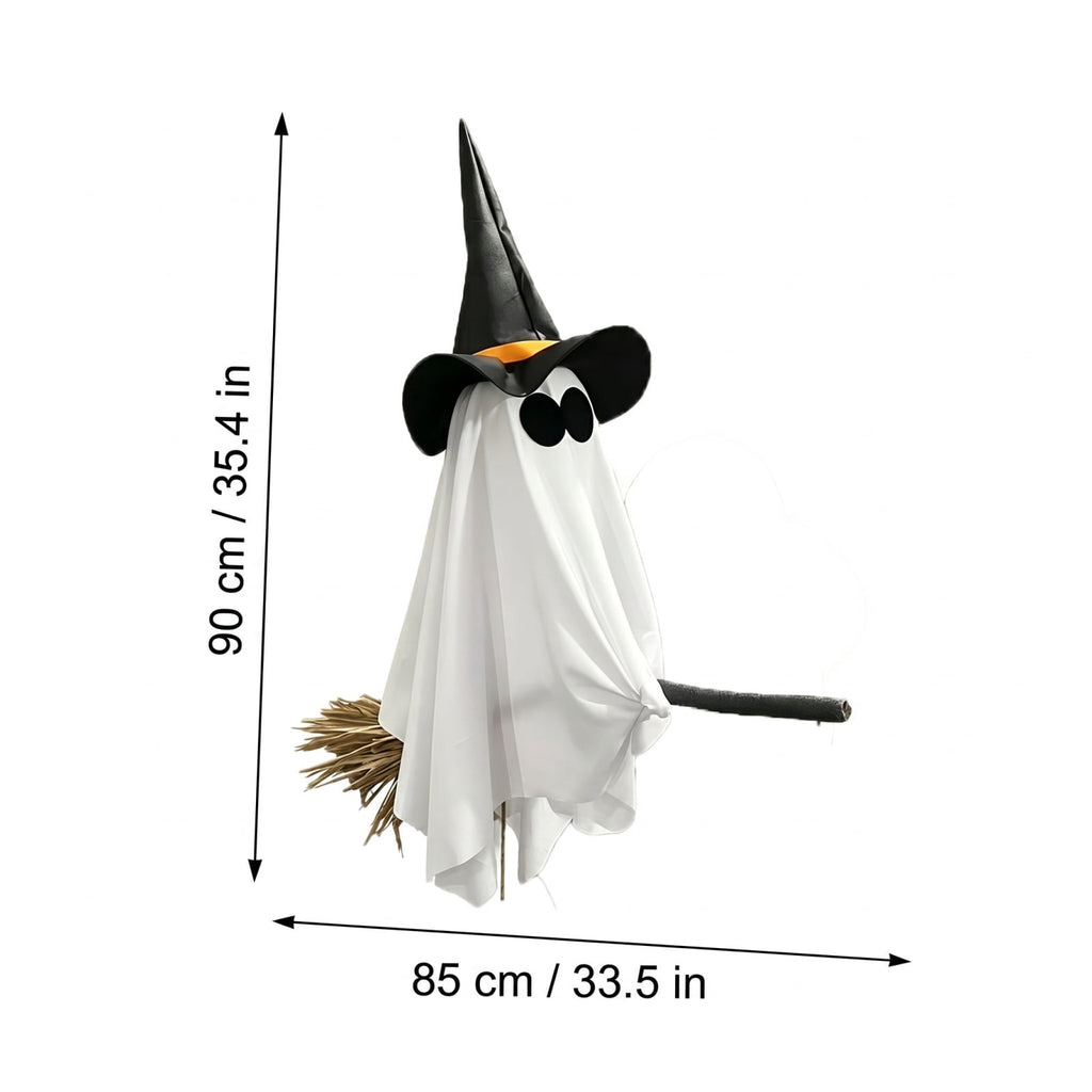 DIY Hanging Swing Ghost Halloween Decor, Flying Ghost on Broomstick with Witch Hat, Spooky Cute Outdoor Halloween Decorations for Front Porch Yard Tree, 3.61x4.33FT
