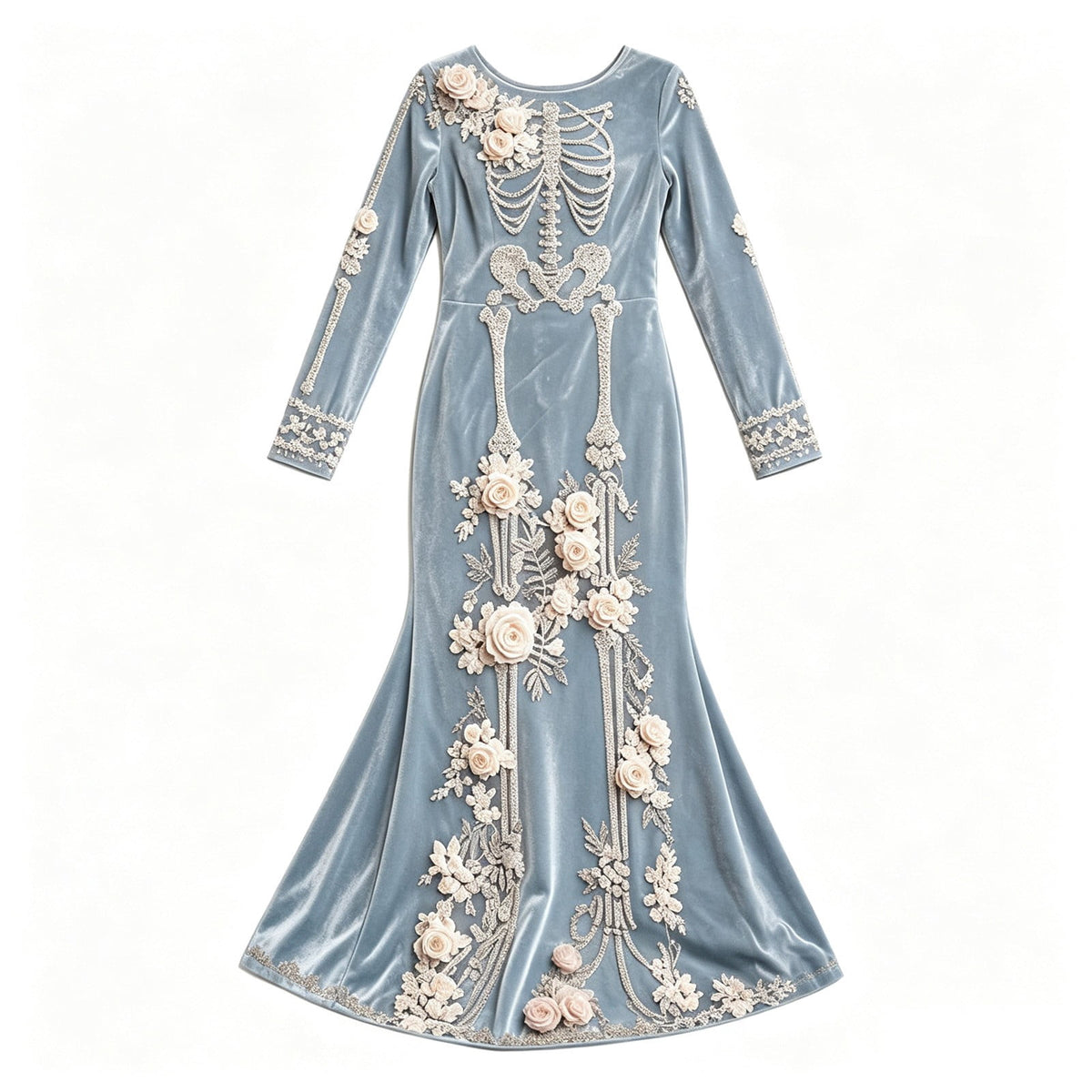 Women Halloween Skeleton Mermaid Dress, Velvet Long Sleeve Bodycon Gown with 3D Floral Appliques, Floor‑Trailing Gothic Costume for Party Cosplay L