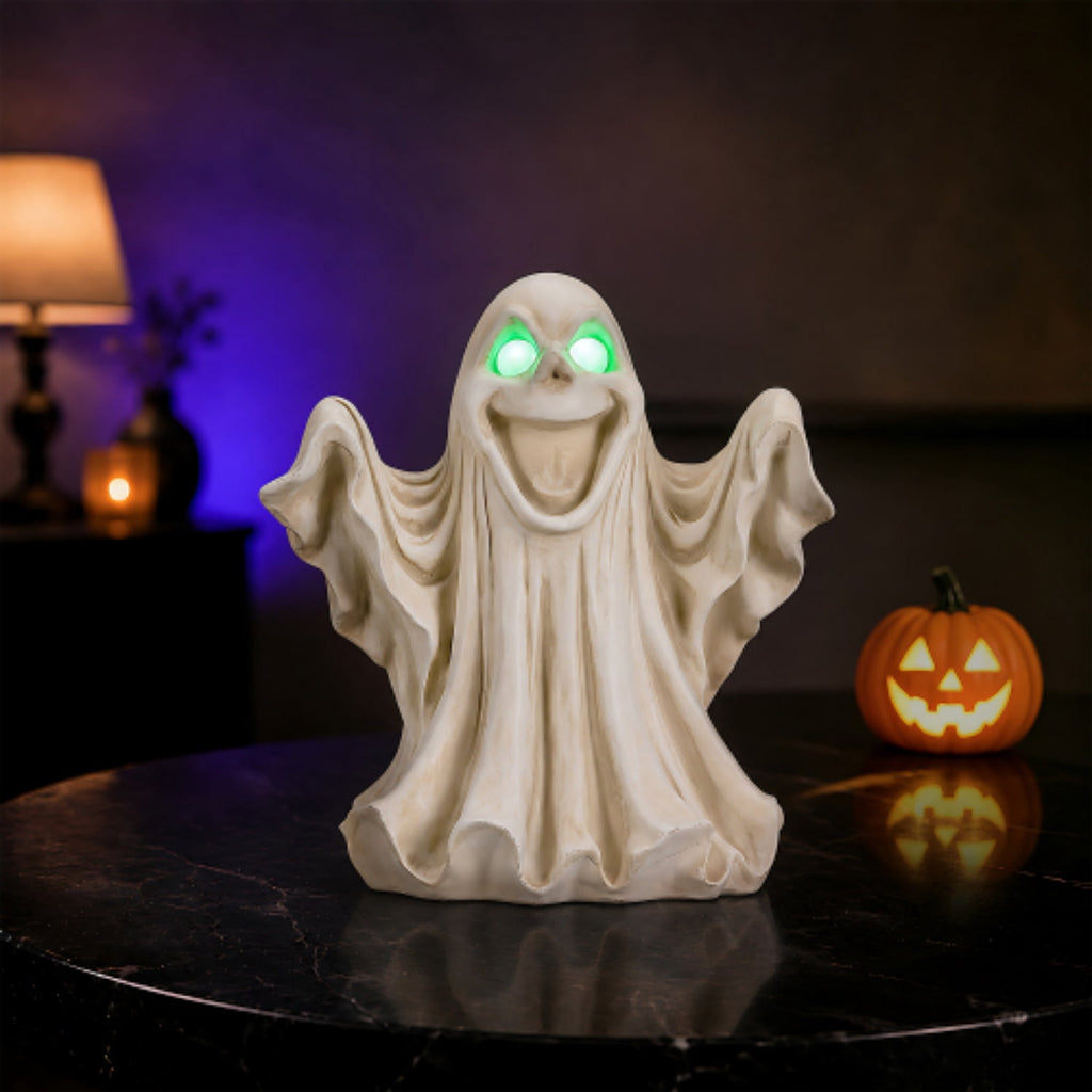 SpookHaven Halloween Ghost Resin Figurine, Light‑Up Ghost Statue with LED Glowing Green Eyes for Spooky Tabletop & Haunted House Party Decor