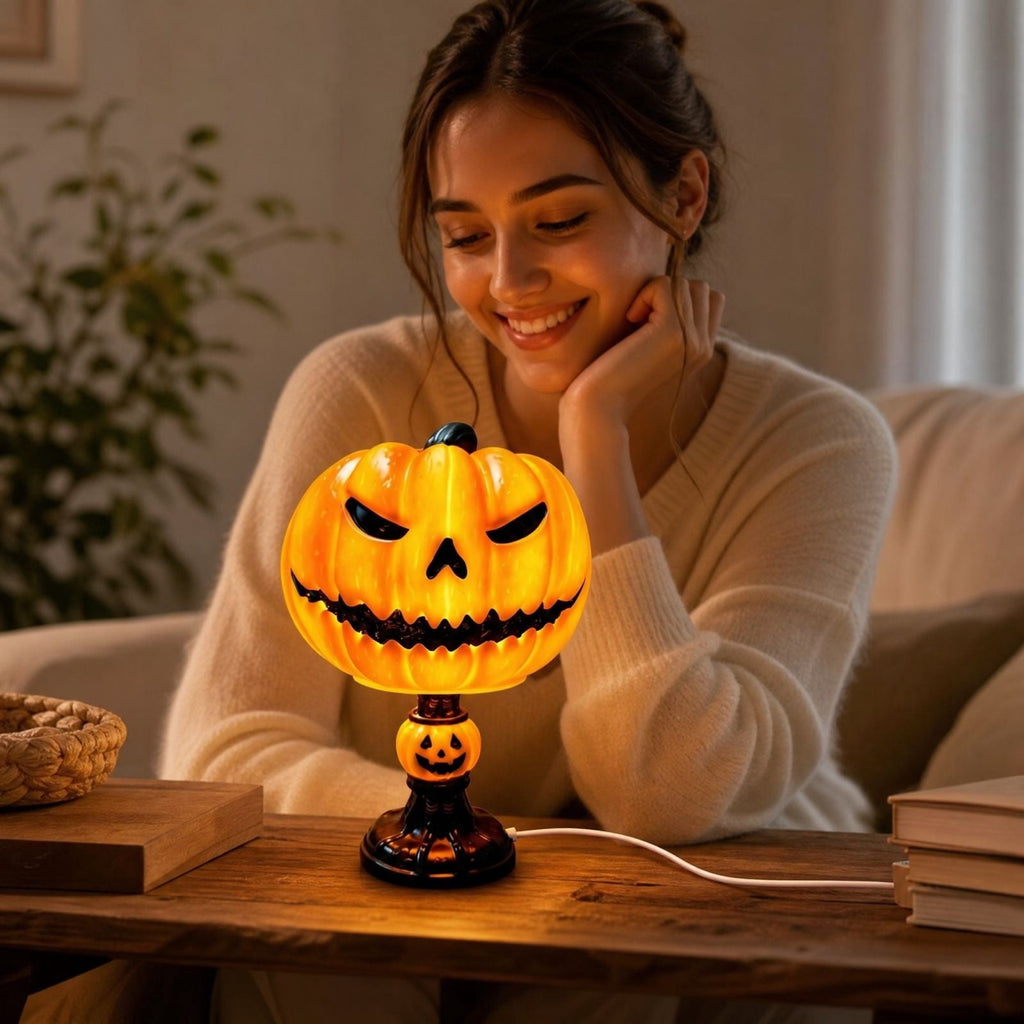 AZXY Halloween Stacked Lighted Pumpkin Figurine, Skeleton Cut‑Out Pumpkin Lamp, Spooky Holiday Floor Ornament, Halloween Yard Party Decoration for Porch Yard Living Room Use