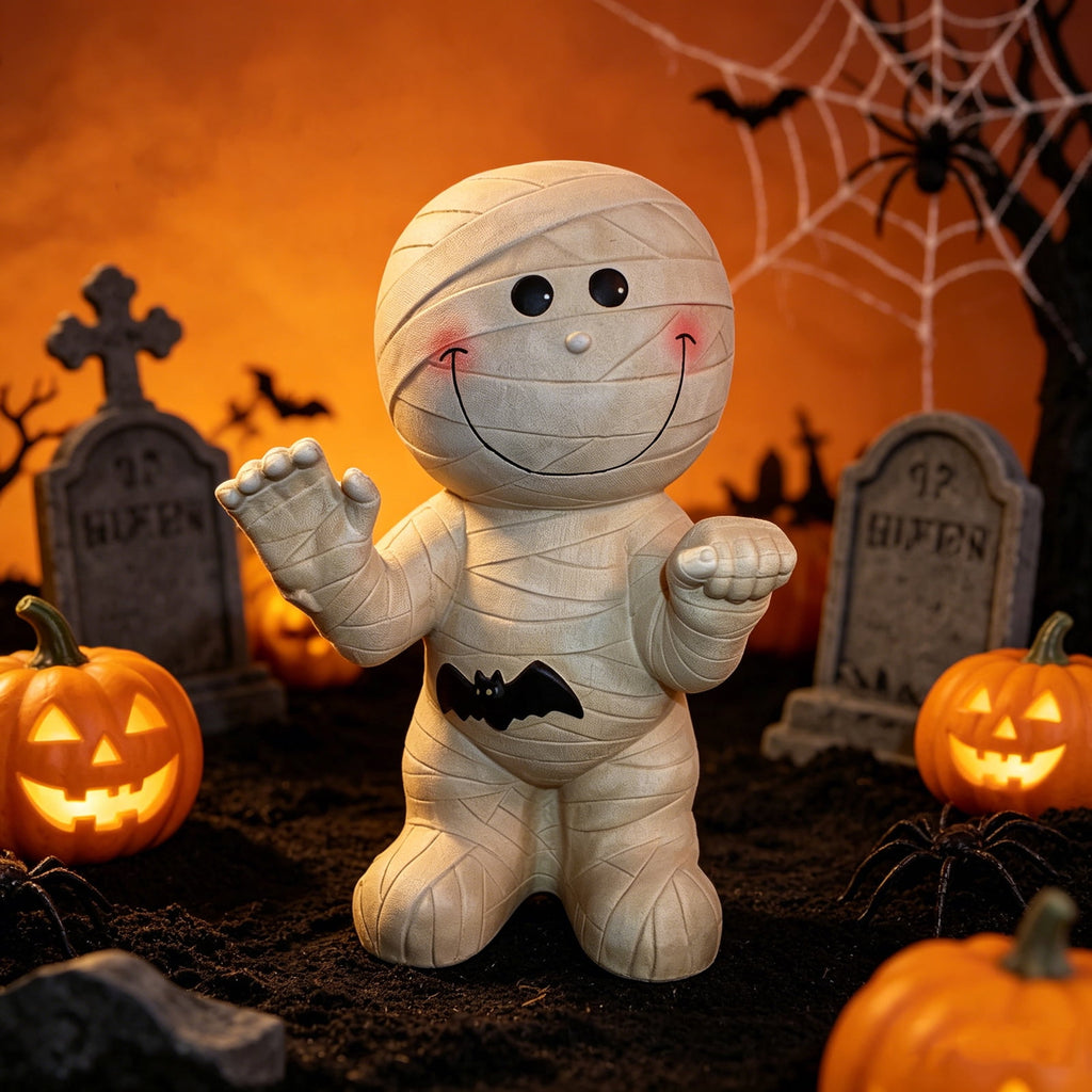 Cute Halloween Light-Up Mummy Blow Mold Decoration, Happy Smiling Mummy Statue with Black Bat, Corded Electric Glowing Tabletop Night Light Figurine for Indoor Holiday Porch Decor