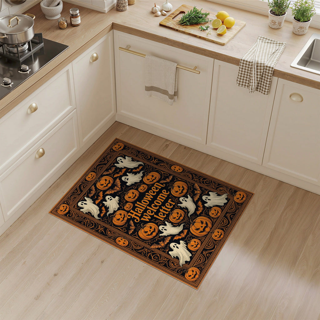 ODIKA Halloween October Phantom Gourd Flying Creature Fiber Doormat Stain Resistant Low Profile for Dorm Room, Small Living Apartment