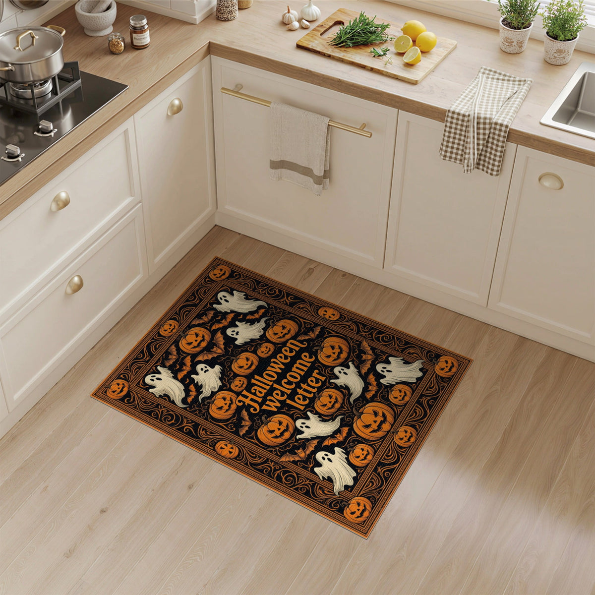 ODIKA Halloween October Phantom Gourd Flying Creature Fiber Doormat Stain Resistant Low Profile for Dorm Room, Small Living Apartment