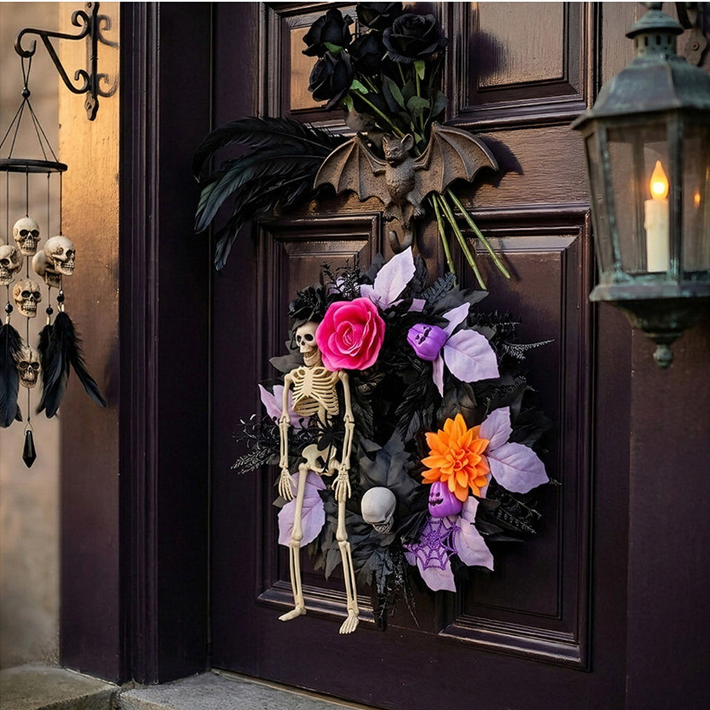 BINGLI 18 Inch Halloween Skeleton Wreath for Front Door, Lighted Gothic Dark Aesthetic Door Wreath with Autumn Leaves Indoor Decorations Centerpiece Party Holiday Wall Home Decor