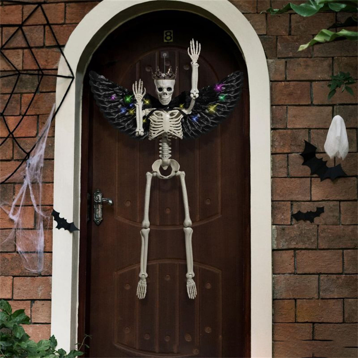 Yujia Halloween 36" Hanging Posable Human Skeleton with LED Wings and Crown, Articulated Full Body Prop for Haunted House, Party, Yard, Home Interior Display
