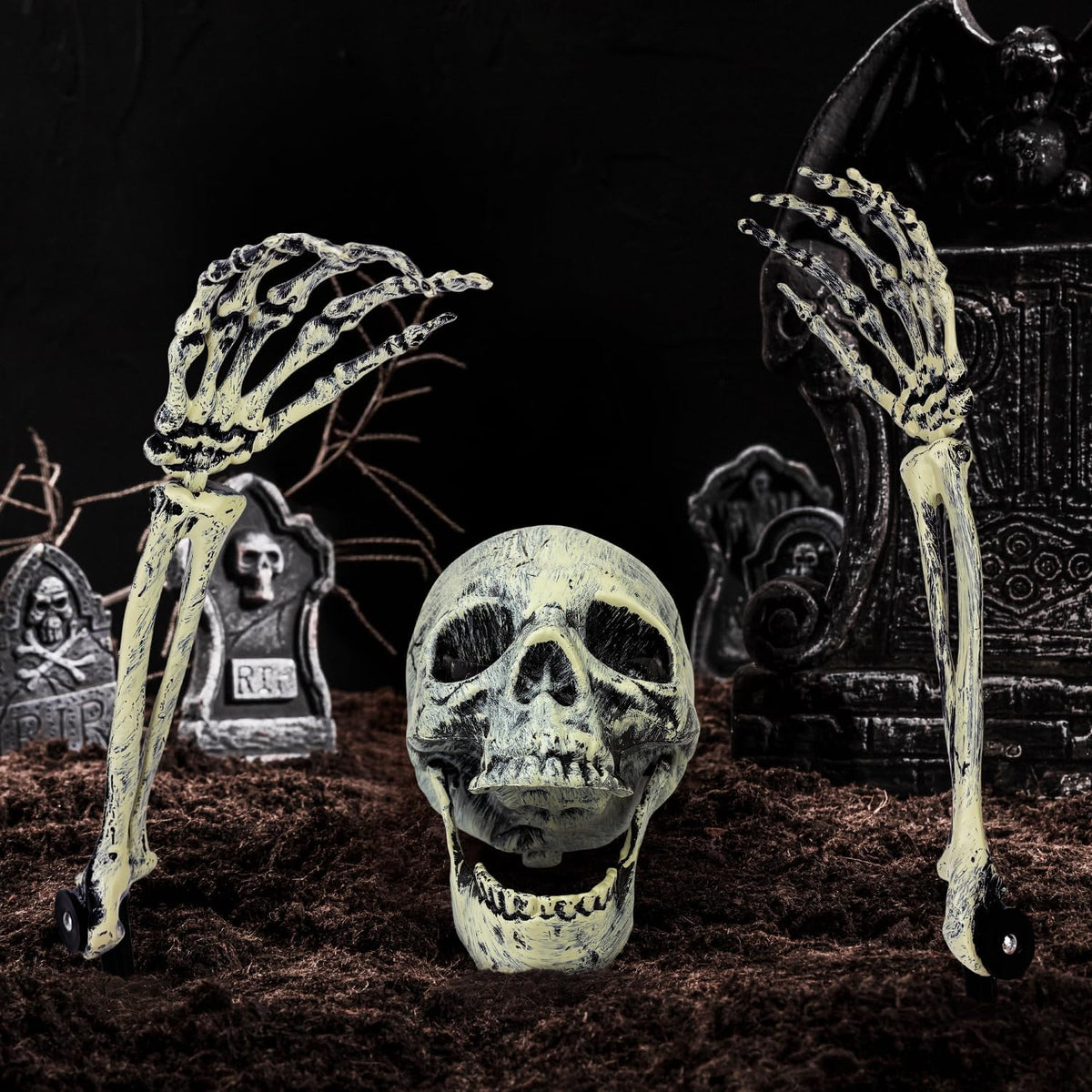 2 Pack Halloween Outdoor Skeleton Decorations,Realistic Skeleton Groundbreaker Stakes with Skull and Arms for Yard,Lawn,Graveyard,Cemetery,Garden,Scary Spooky Haunted House Props,Party Decor Supplies