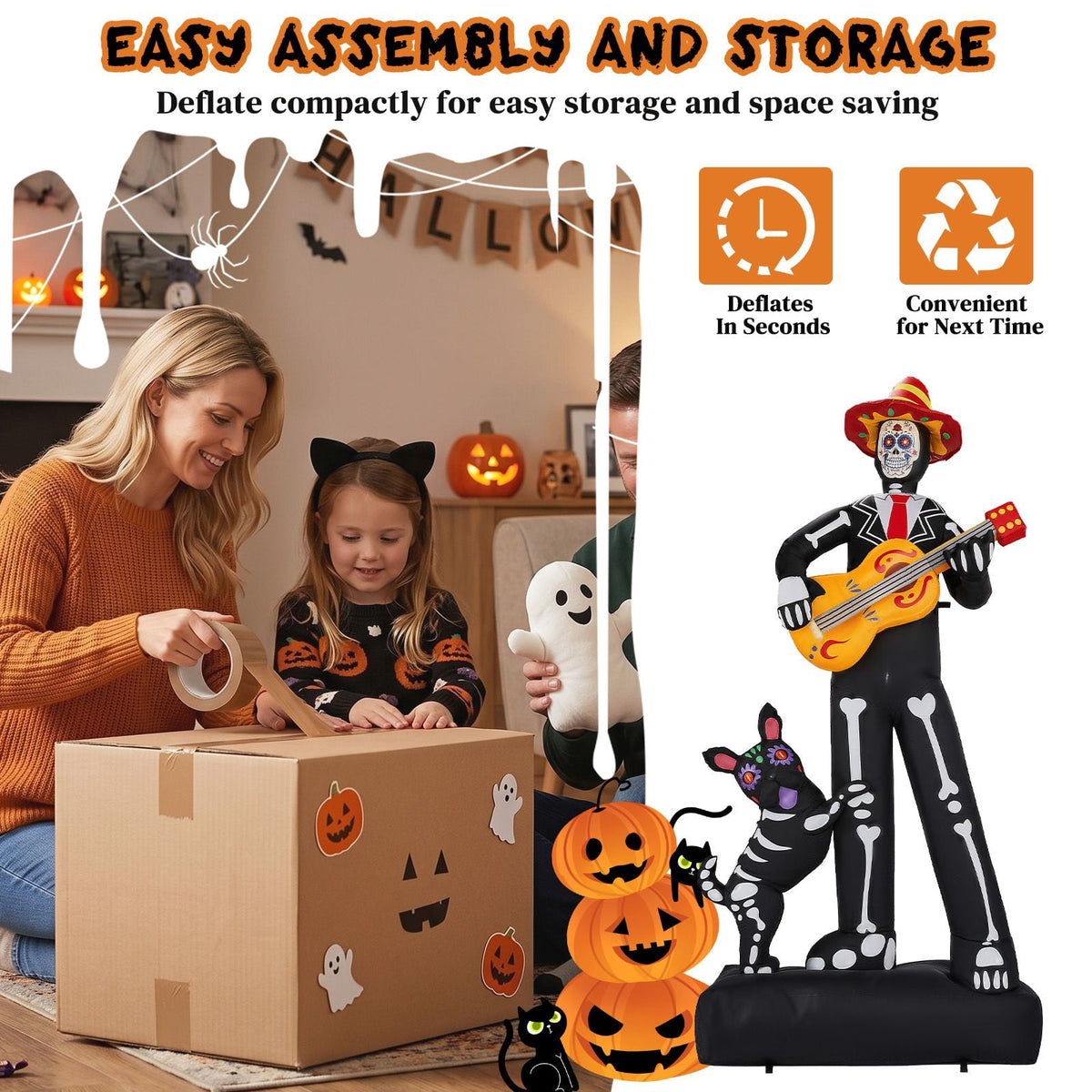 7.3FT Inflatable Ghost Musician with Puppet 6 LED Lights Black Orange Halloween Yard Decor
