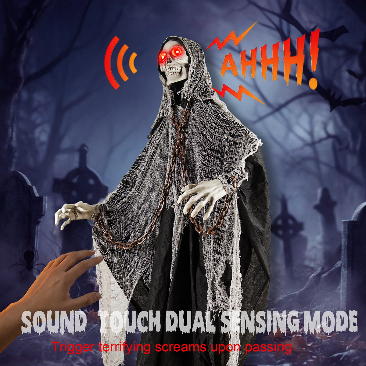 Magotan 6ft Halloween Outdoor Skeleton Ghost Decorations, Sound Controlled Swinging Scary Skeleton Ghost Halloween Decoration for Outdoor Garden Porch Yard Decor,Green
