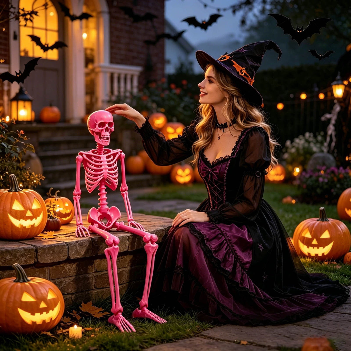 EverydayNest Halloween Posable Skeleton Figurine,35.4in Pink Desktop Ornament with Movable Joints,Spooky Party Decor for Haunted House Table Shelf Yard