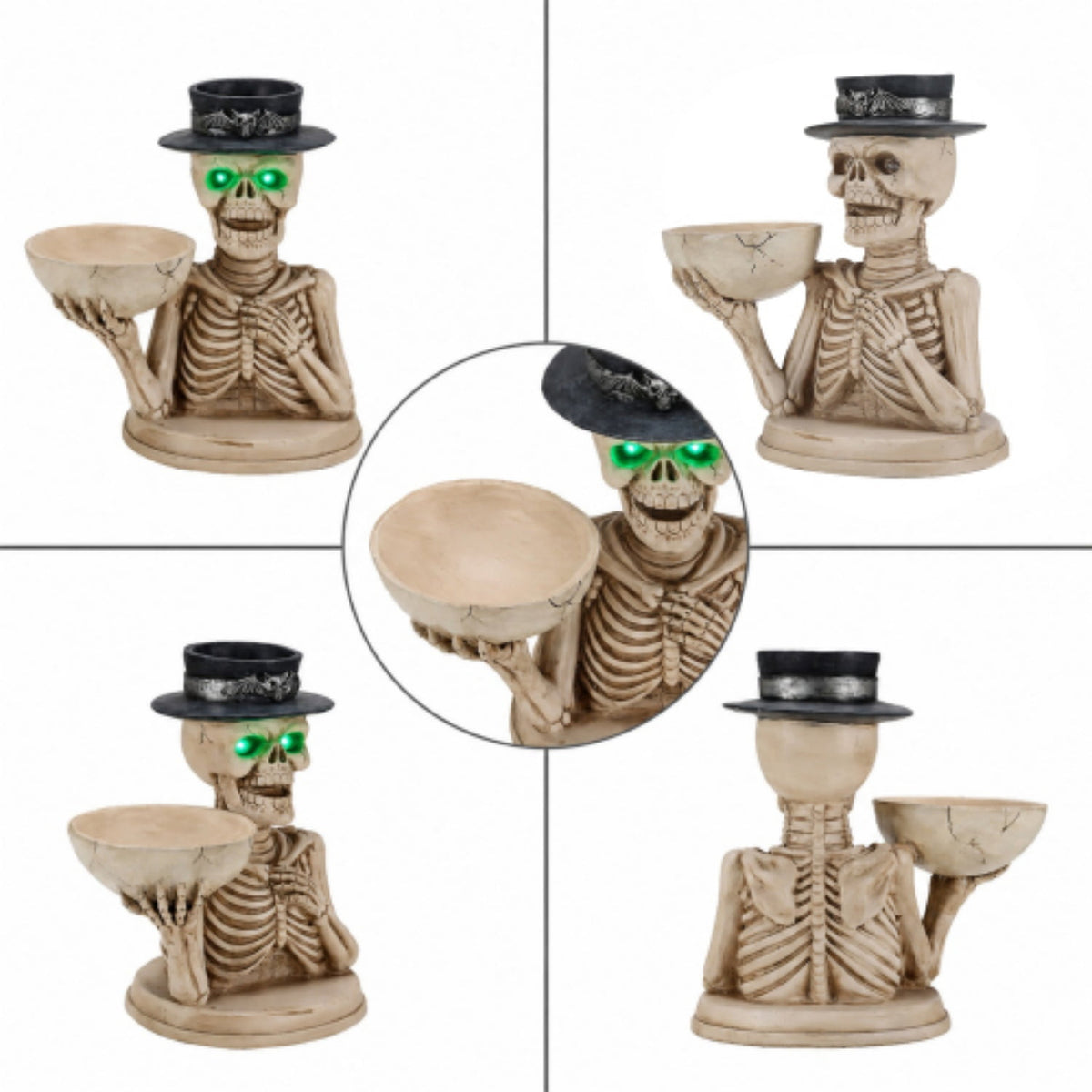 Halloween Skeleton Butler Floor Statue with Serving Tray & Realistic Black Cat, 35.43 Inch Gothic Resin Standing Decor for Entryway, Porch, Living Room, Halloween Party Home Decoration