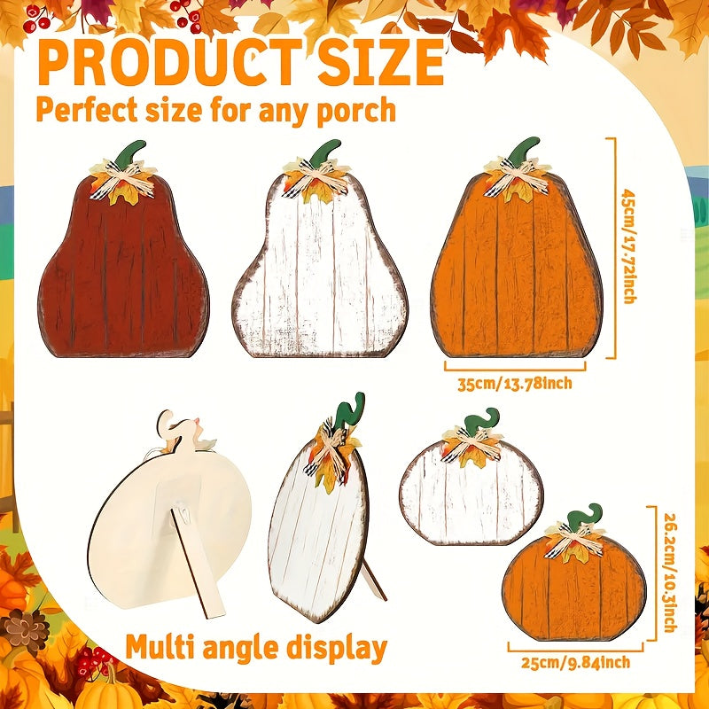 5pcs Large Farmhouse Fall Decorations - Rustic Wooden Standing Harvest Centerpieces with Pumpkin, White/Orange/Red/Brown/Beige - Artificial Wood Porch, Mantel, Table Decor for Thanksgiving, Halloween