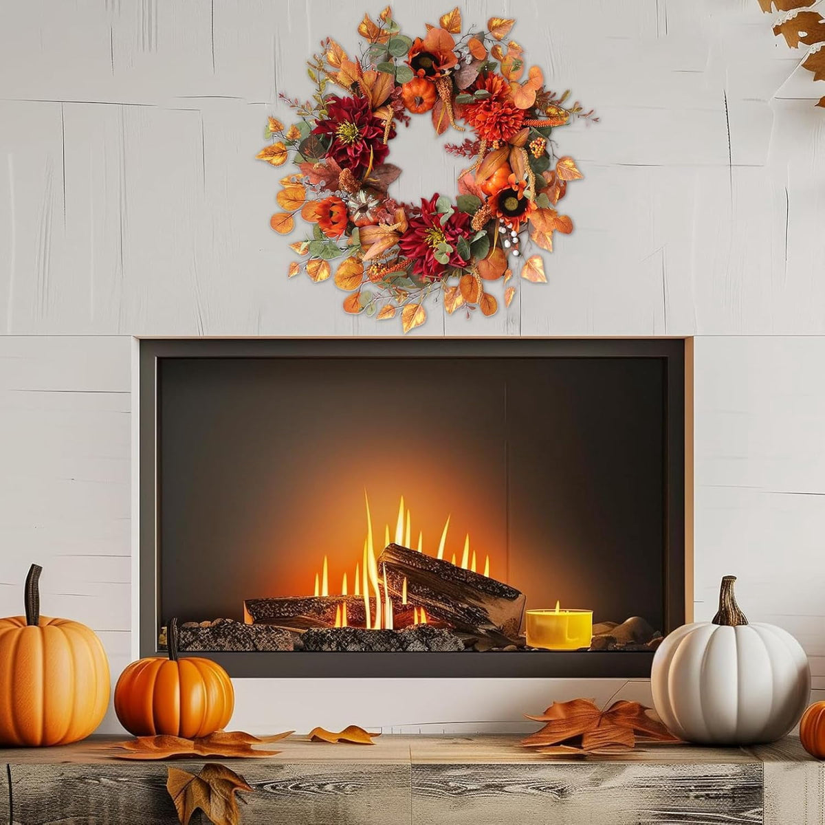 24 Inch Fall Wreaths for Front Door Outside, Fall Door Wreath with Pumpkins,Dahlia,Sunflowers, Maple Leaves,Autumn Wreaths Decorations for Harvest Thanksgiving Halloween Indoor Outdoor Home Decor
