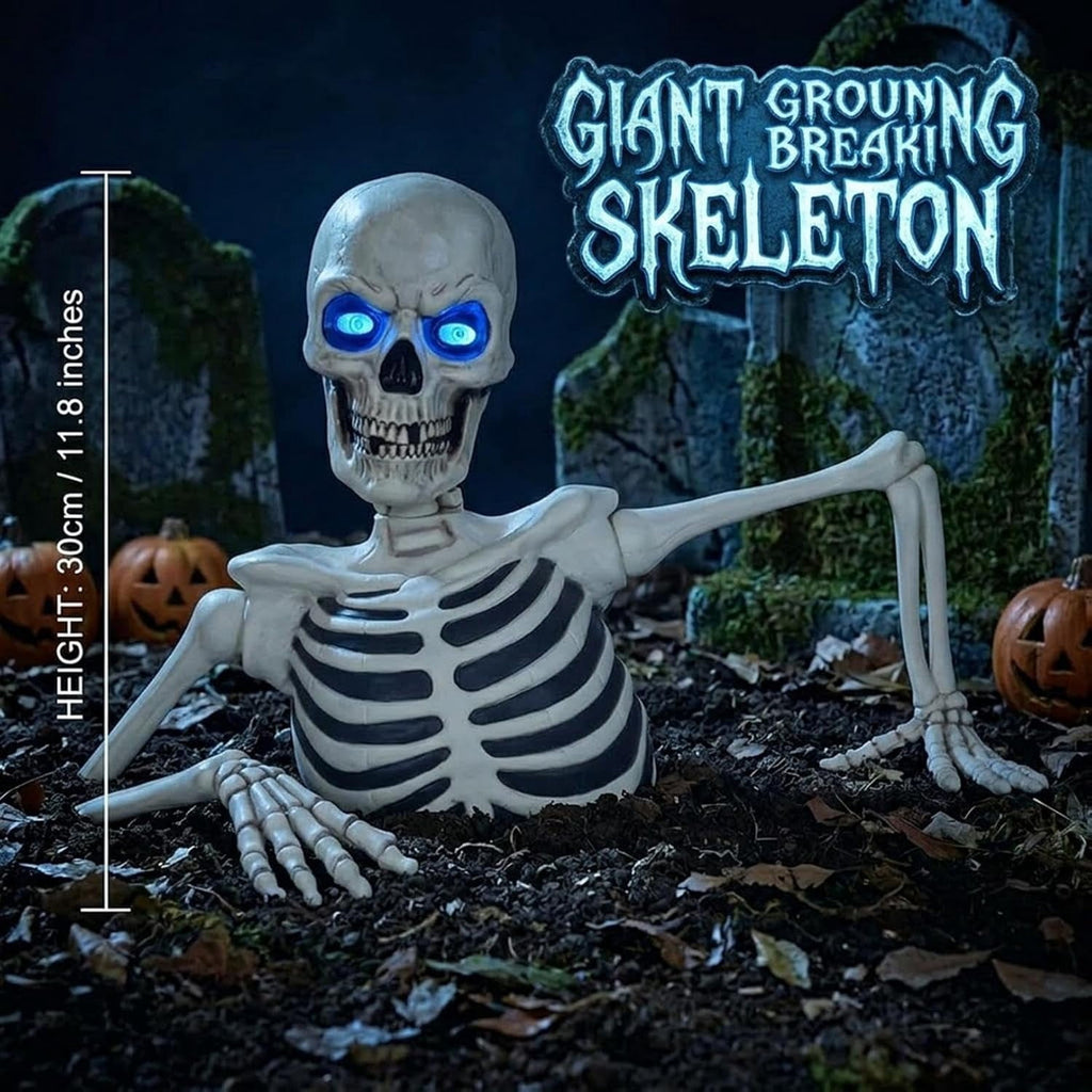 Clearance Halloween Giant Ground Breaking Skeleton Decor with LED Light-Up Moving Eyes, Scary Skull Stakes for Garden Lawn Holiday Party Decor
