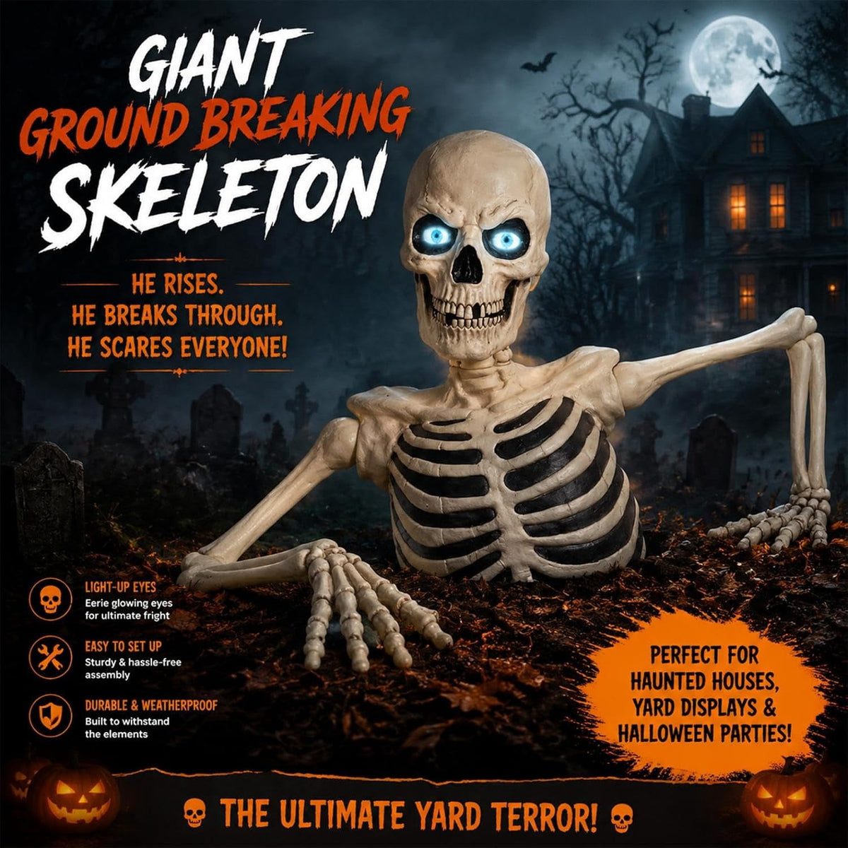 Clearance Halloween Giant Ground Breaking Skeleton Decor with LED Light-Up Moving Eyes, Scary Skull Stakes for Garden Lawn Holiday Party Decor