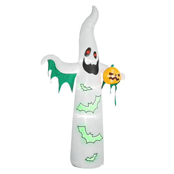 Alvantor 11.8 ft Ghost Halloween Inflatable with Pumpkin, 4 LED Lights and 82-Light Flashing Bat String, White and Green