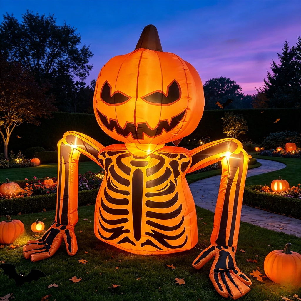 Halloween Inflatables Outdoor 6 Ft Pumpkin Skeleton Blow Up Yard Decoration with Built-in LED Lights Glowing Effect for Lawn Garden Holiday Party Display