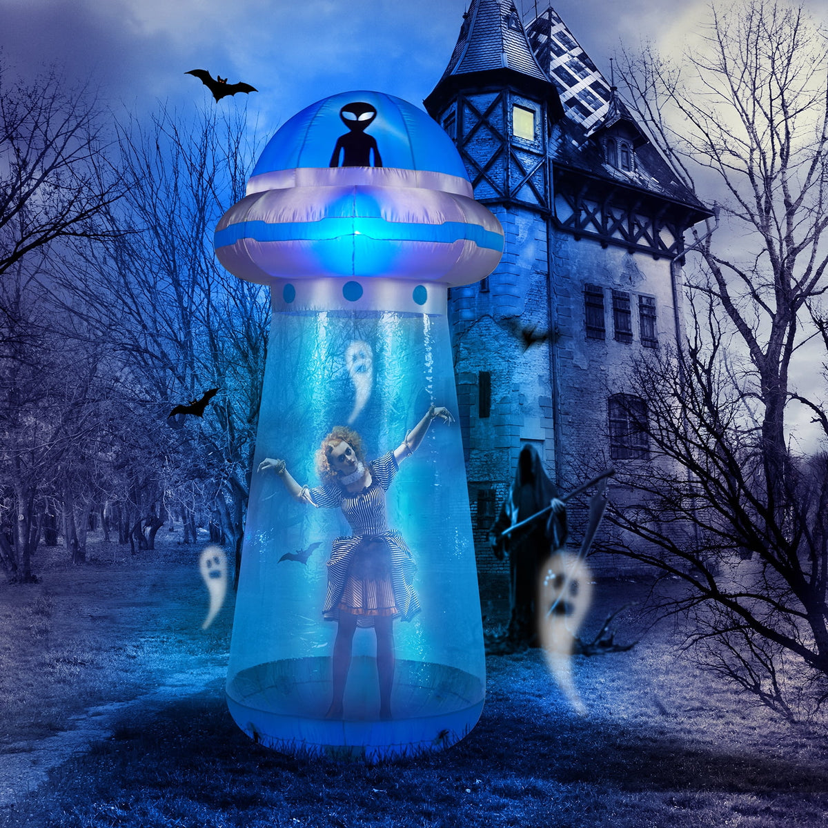 8.8FT Halloween Inflatable UFO Yard Decoration with Stand Inside Design