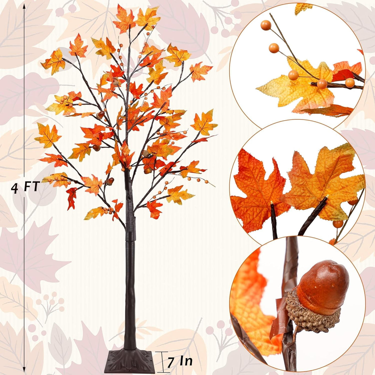 2 Pack LED Lighted Maple Tree, 5 FT Lighted Artificial Tree for Thanksgiving Harvest Fall Festival Halloween Home Party Decoration