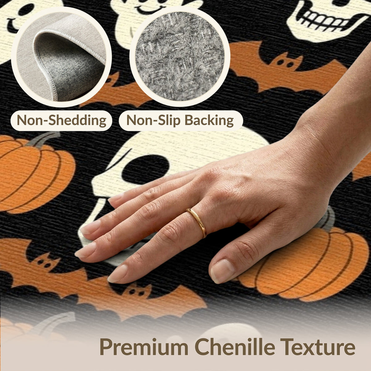 ODIKA Retro Halloween Welcome Featuring Ghosts Pumpkins Bats Skulls Non-Slip Flatwoven for Living Room, Under Sectional, Family