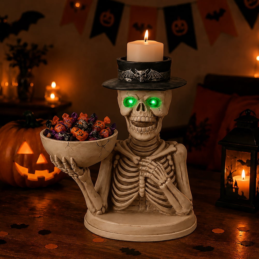 Halloween Skeleton Butler Floor Statue with Serving Tray & Black Cat, Resin Gothic Home Decor for Entryway Porch Living Room