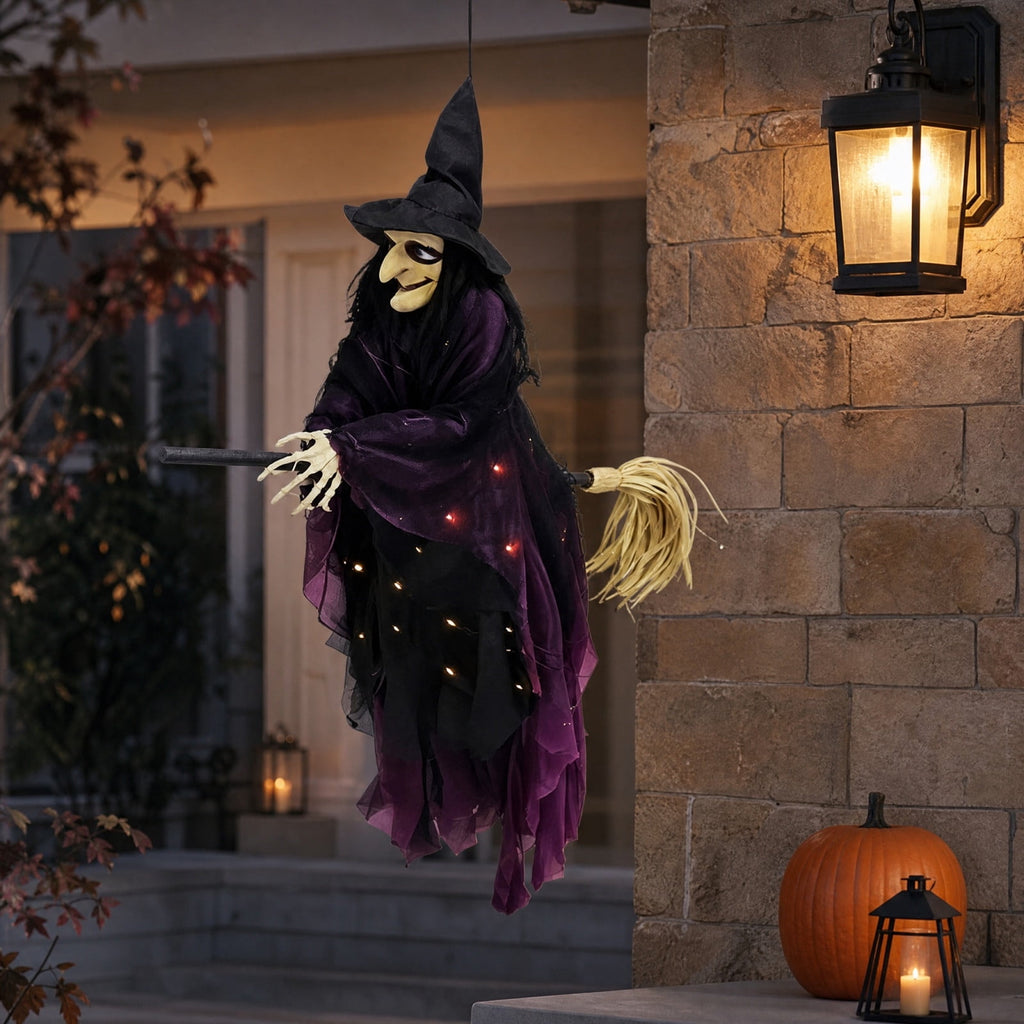 WWG Halloween Flying Witch Decoration, Spooky LED Light Up Witch Hanging Decor, Purple Glowing Witch Pendant with Skeleton Hands, Indoor Outdoor Halloween Party Decor, Includes 1 Witch Pendant