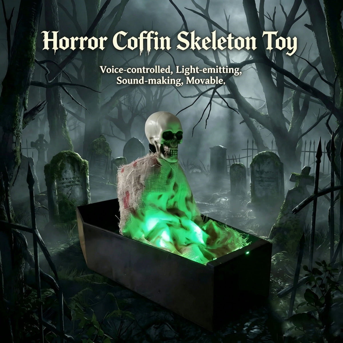 Halloween Animatronics Animated Skeleton in Coffin, Voice Activated Spooky Skeleton Decorations with Light & Scary Sounds, Spooky Decor Prop