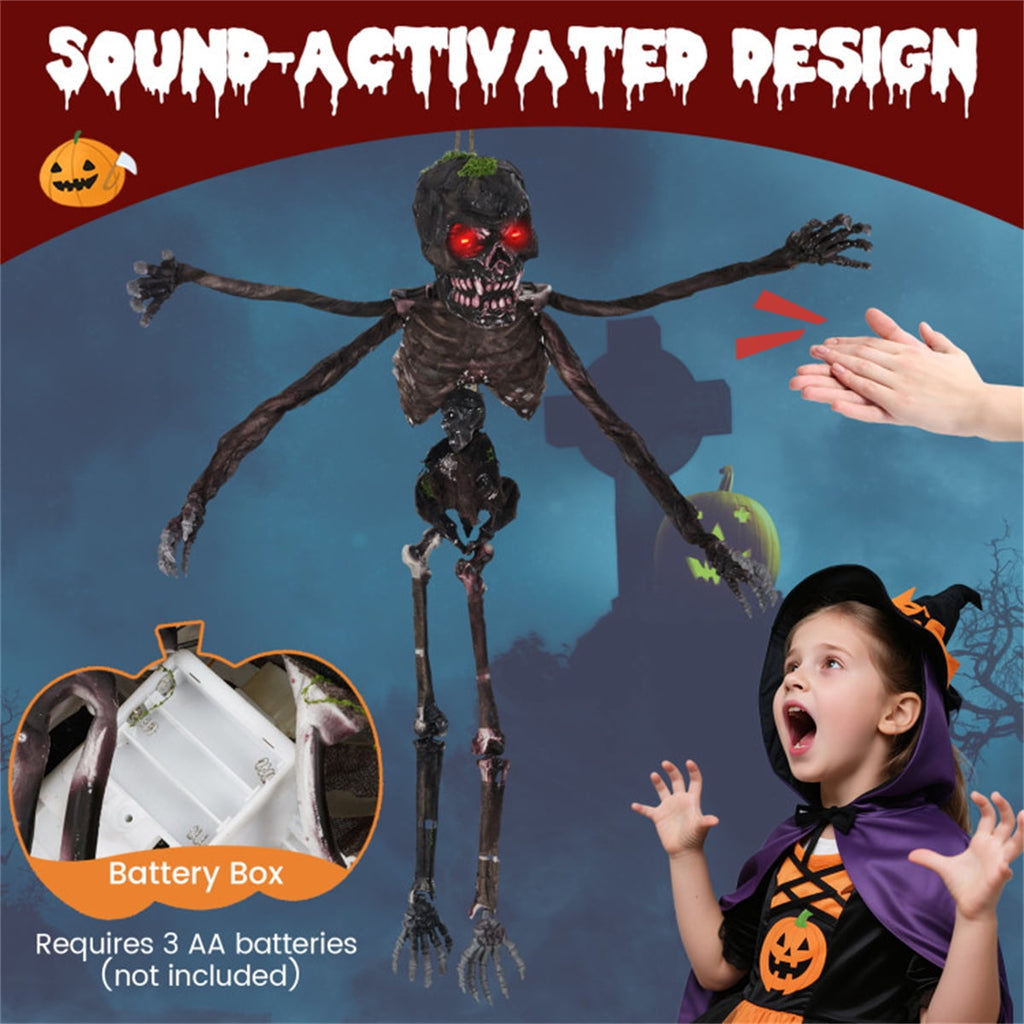Animated 6ft Halloween Skeleton with Spooky Sounds and Red Eyes Hanging Prop for Yard Decor
