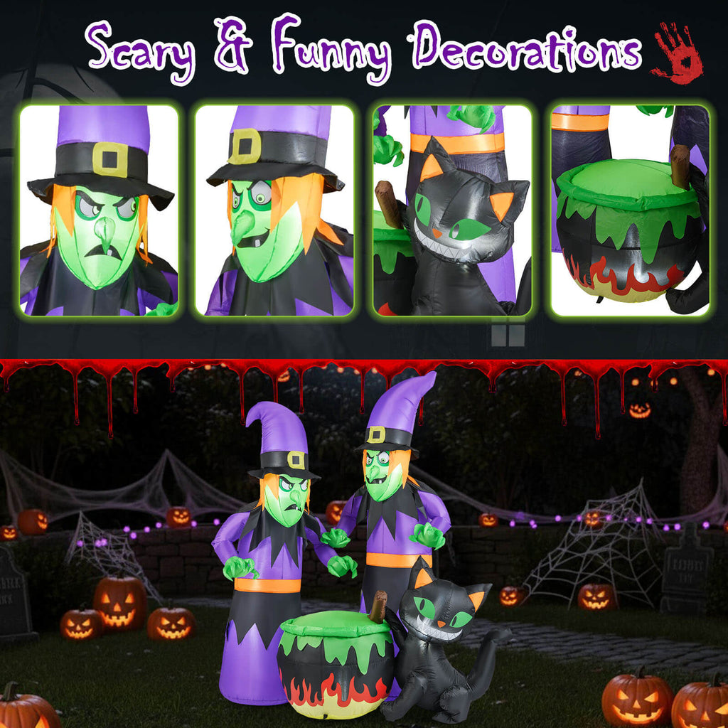 Costway 6 Ft Inflatable Halloween Witches Blow up 2 Scary Witch with Cauldron & Black Cat
