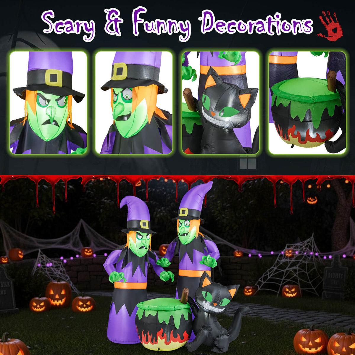 Costway 6 Ft Inflatable Halloween Witches Blow up 2 Scary Witch with Cauldron & Black Cat