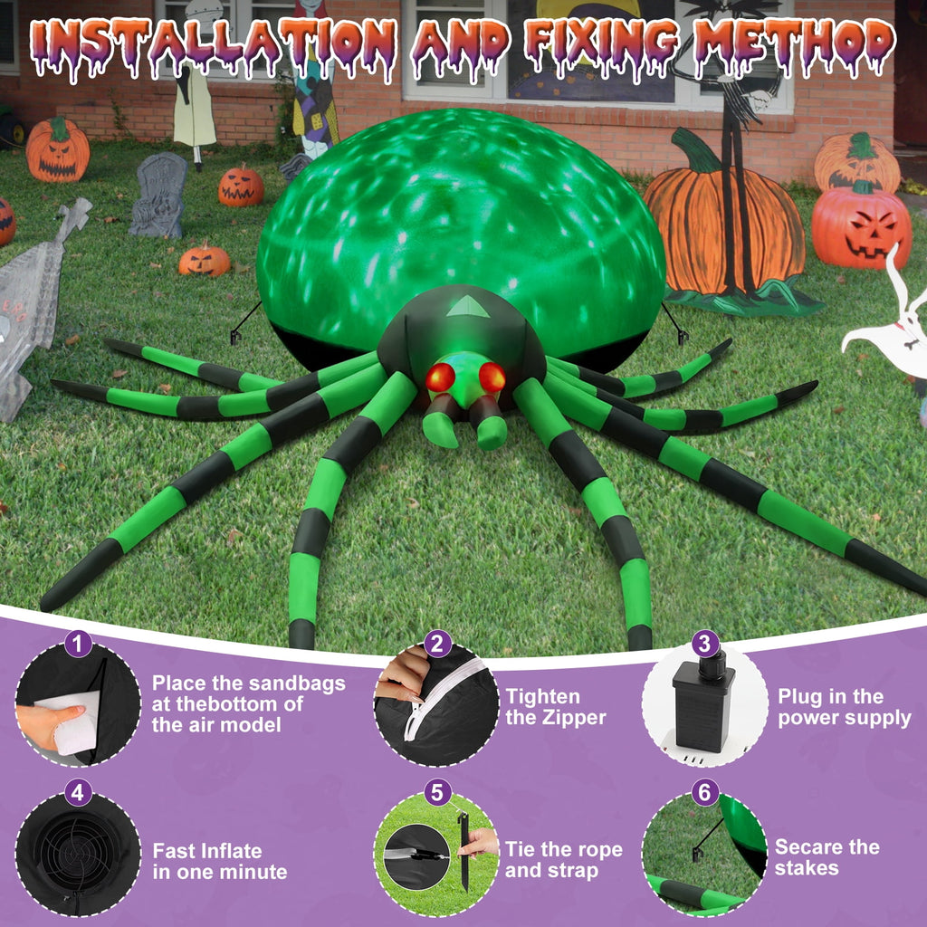 Yexmas 12FT Halloween Inflatables Outdoor Decorations Giant Spider Decorations with LED Lights and Air Pump Blow up Inflatable Green