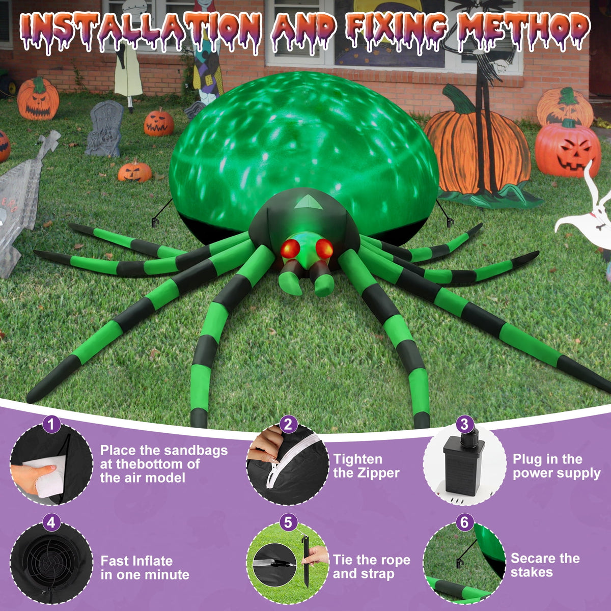 Yexmas 12FT Halloween Inflatables Outdoor Decorations Giant Spider Decorations with LED Lights and Air Pump Blow up Inflatable Green
