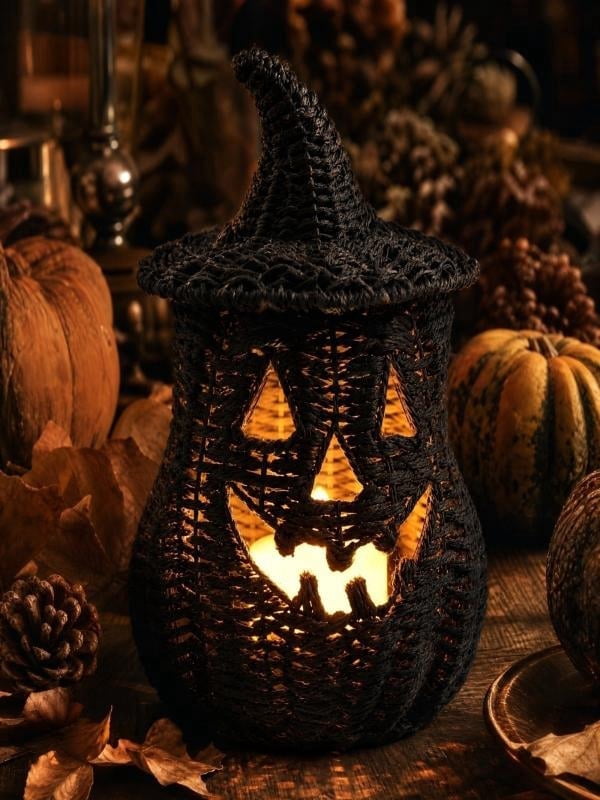 Lighted Halloween Table Centerpiece, Witch Hat Pumpkin Lamp, Black Woven Rattan Halloween Decor Indoor, Glowing Tabletop Decoration for Party Home