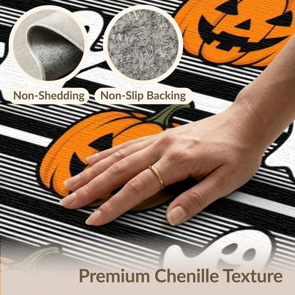 ODIKA Halloween Spooky Pumpkin Phantom Striped Entrance Door Doormat for Playroom, Bedroom, Reading Nook, Pet Friendly & Kids Safe Play