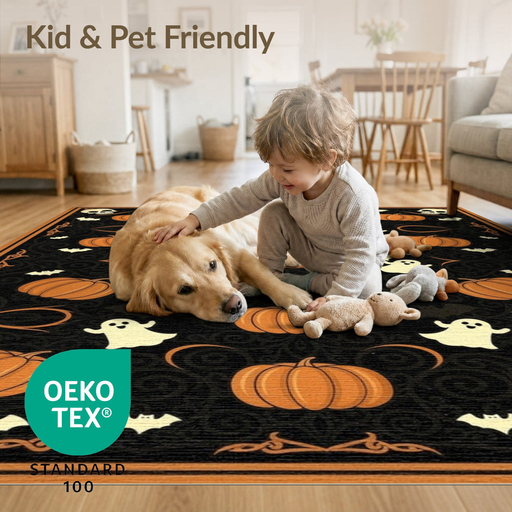 ODIKA 8'x10' Washable Area Rug Halloween Harvest Spirits Grinning Lantern Entrance Doormat Door for Living Room, Under Sectional, Family , Durable, Non-Slip
