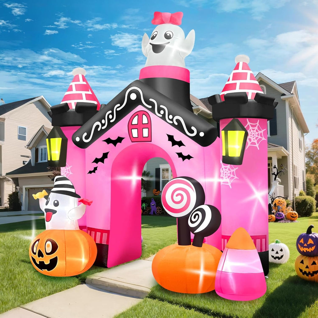 Kalolary 11 FT Halloween Inflatables Ghost Archway Outdoor Decorations, Pink Castle Arch Blow Up Decorations Scary Inflatable with Build-in Lights for Yard Garden Lawn Outdoor Decor
