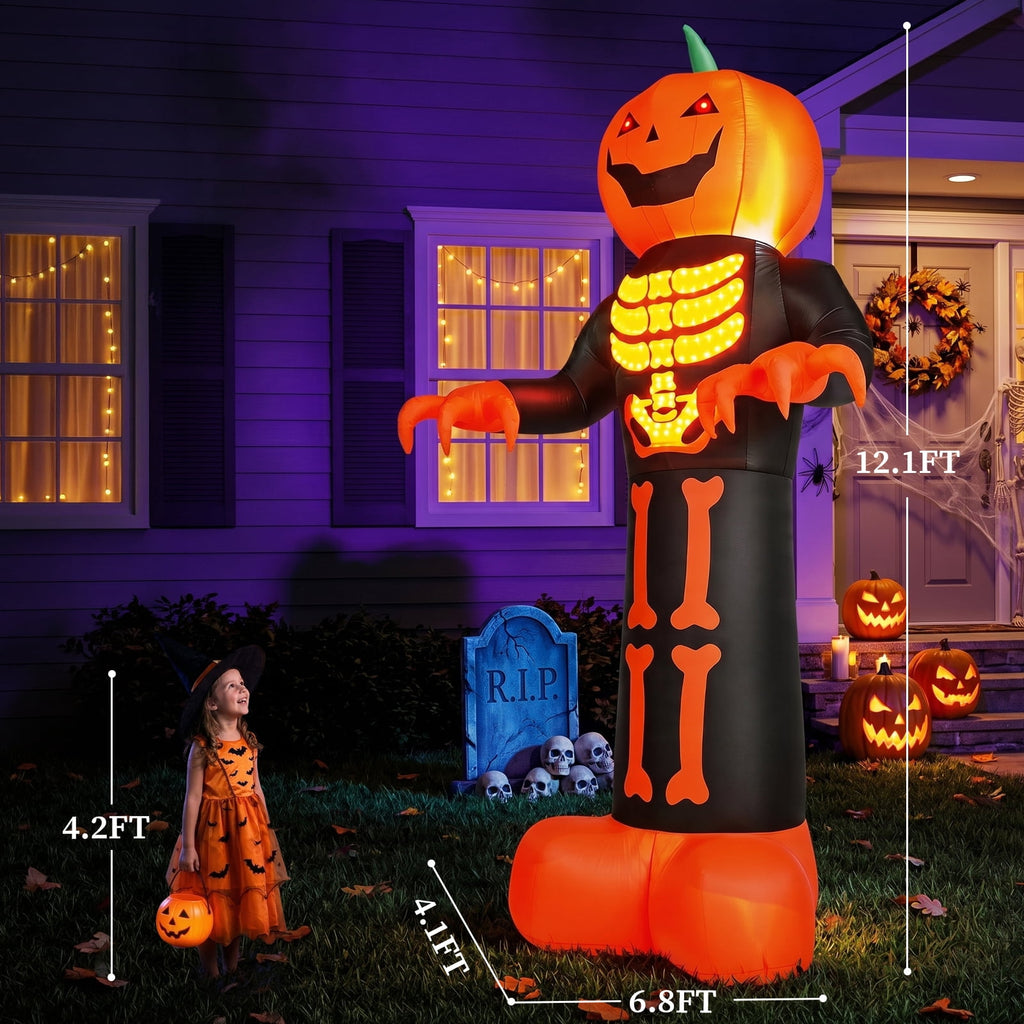 Ktaxon 12' Halloween Inflatables Pumpkin Skeleton Man Outdoor Halloween Decoration,Built-In LED