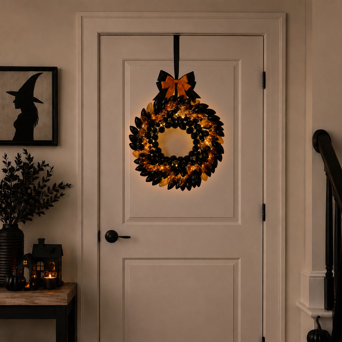 Mr. Halloween Decorative Retro Wreath, Black and Orange