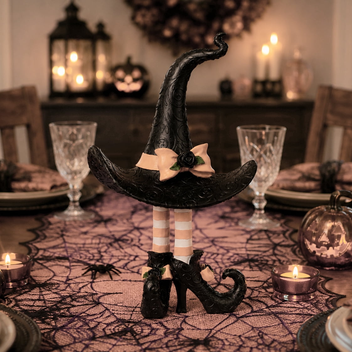 Haute Decor Halloween Witch Hat with Legs 17 Inch Tall Tabletop Figurine Orange/Black
