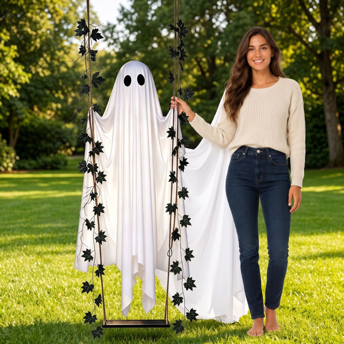 Outdoor Halloween Decorations Gaslight Ghoul, 79" Tall Hanging Skeleton Holding Street Light with Creepy Blue Eyes, Tattered Robe Ghost Decor for Yard Patio Walkway, Front Porch, Road