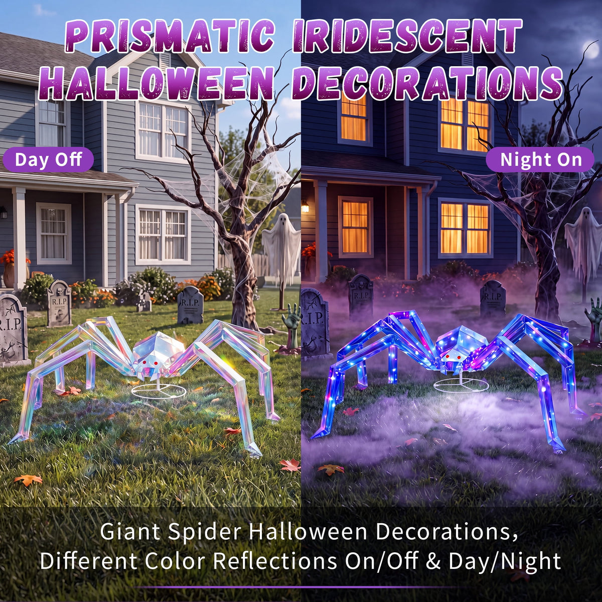 47-Inch Prismatic Iridescent Spider Halloween Decoration with 150 LED Lights, Red Glowing Eyes, Metal Base and Ground Stakes