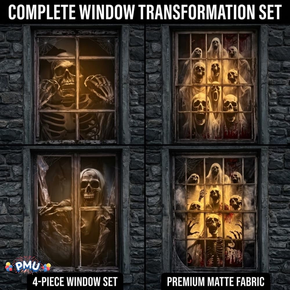 PMU 7-Piece Halloween Garage Door Cover Set, 16 x 7 ft, Skeleton Window & Door Decorations