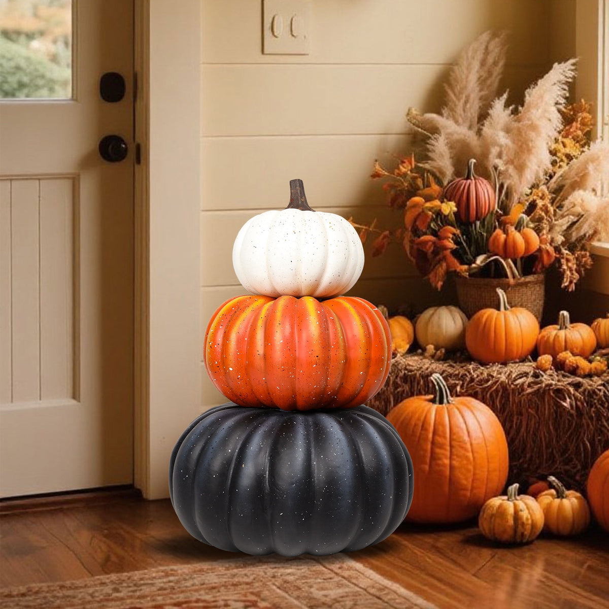 Large 3 - Tiered Colorful Pumpkin Stack Decor: Thanksgiving,Fall & Halloween Outdoor/Indoor Display,Pumpkin Harvest Decoration 1PC