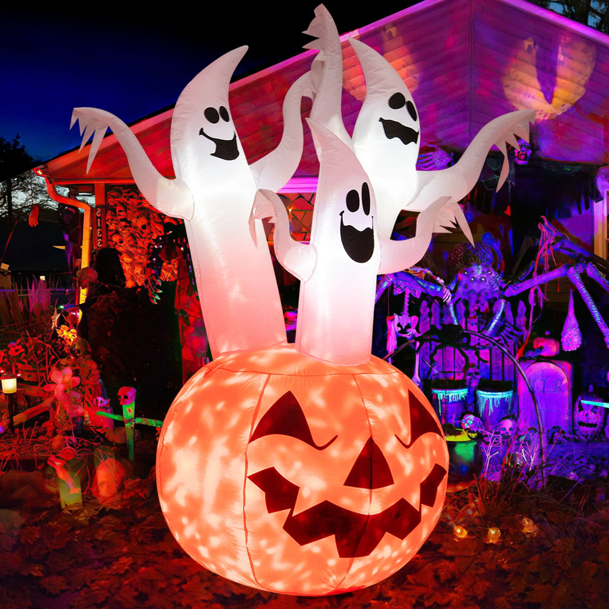 Patiojoy 6FT Halloween Inflatable Decorations 3 White Puppets on Pumpkin Halloween Pumpkin Dolls Decor w/ Build-in LED Lights