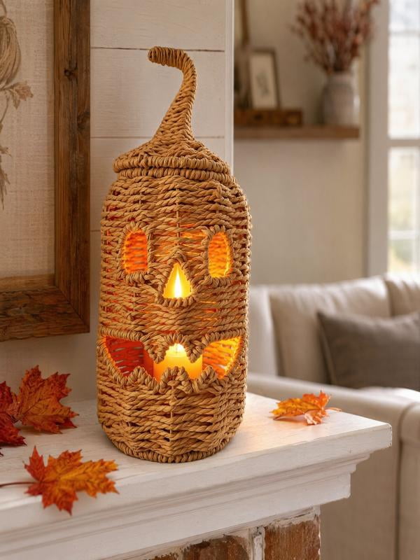 Lighted Halloween Table Centerpiece, Witch Hat Pumpkin Lamp, Black Woven Rattan Halloween Decor Indoor, Glowing Tabletop Decoration for Party Home