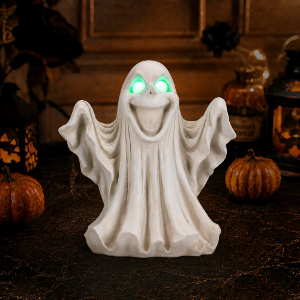 SpookHaven Halloween Ghost Resin Figurine, Light‑Up Ghost Statue with LED Glowing Green Eyes for Spooky Tabletop & Haunted House Party Decor