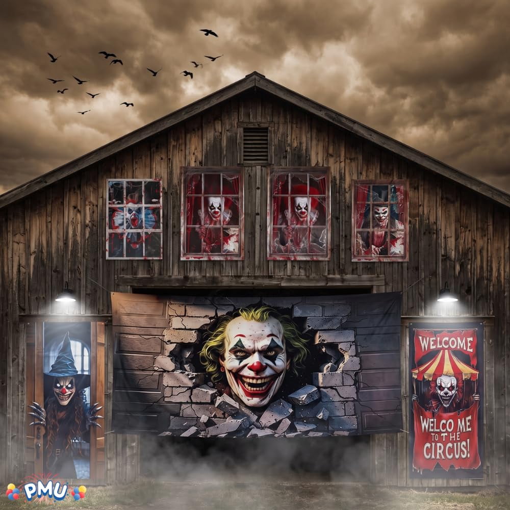 PMU 7-Piece Halloween Garage Door Cover Set, 16 x 7 ft, Skeleton Window & Door Decorations