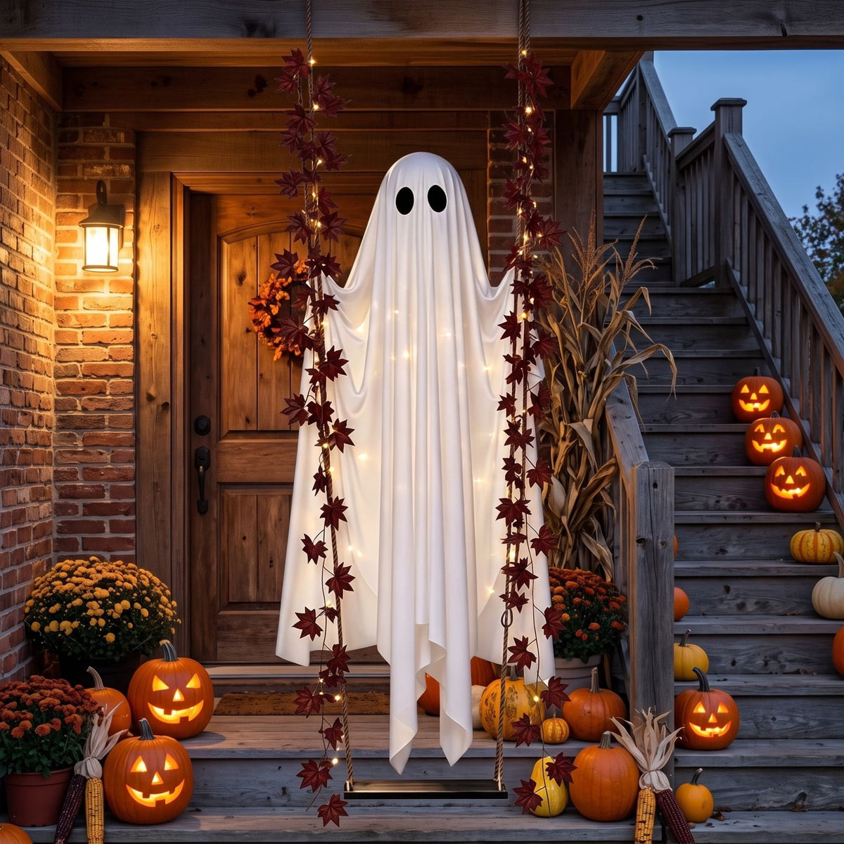 Outdoor Halloween Decorations Gaslight Ghoul, 79" Tall Hanging Skeleton Holding Street Light with Creepy Blue Eyes, Tattered Robe Ghost Decor for Yard Patio Walkway, Front Porch, Road